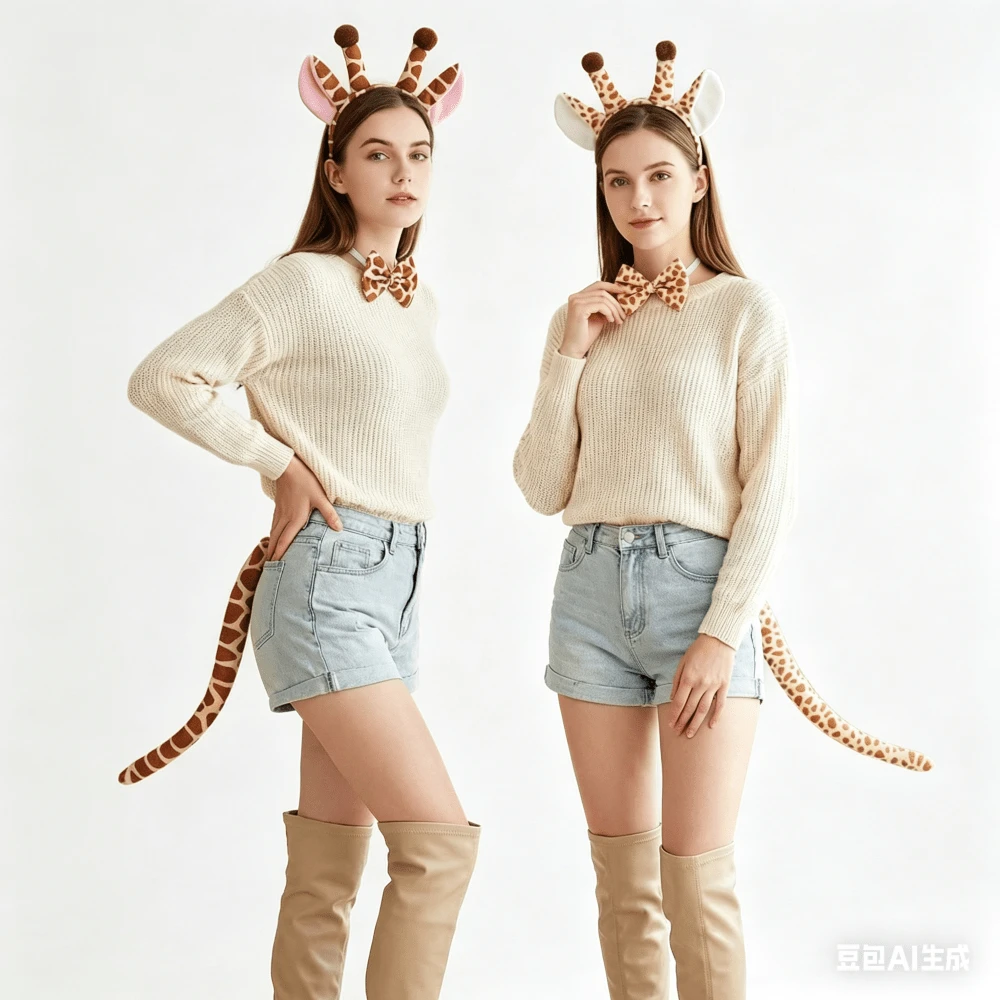 新款创意多功能毛绒老鼠头箍，卡通动物耳朵头饰套装，适合舞会、派对、万圣节等场合，可爱动物头饰 - 長頸鹿 - 查看 1