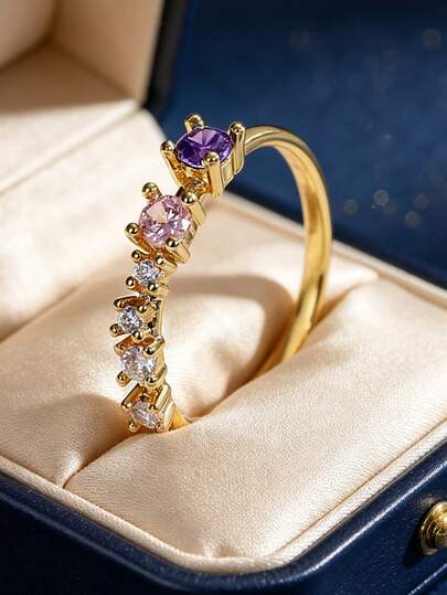 Women's Plated Gold Ring With Blue, Pink And Transparent Zirconia Stones, Minimalist Elegant Style, Suitable For Daily Work And Office Wear, An Ideal Gift For Fashion Enthusiasts