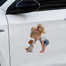 1pc Cartoon Car Sticker, Sweet Blonde Girl Kissing Puppy, Suitable For SUV, Truck Door, Laptop, High-Quality Vinyl Material, Removable, Waterproof And Sunproof, Birthday Gift, Road Trip Decor, Applicable For Windows, Bumpers, Trunk, Attractive Vehicle Decal, Animal Lover Gift, Female New Driver Accessory - A - View 2