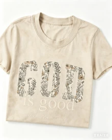 Women's God Is Good Floral Graphic T-Shirt, Retro Christian Faith Tee, Casual Crewneck Short Sleeve, Vintage Washed Cotton Top - 杏色 - 查看 11