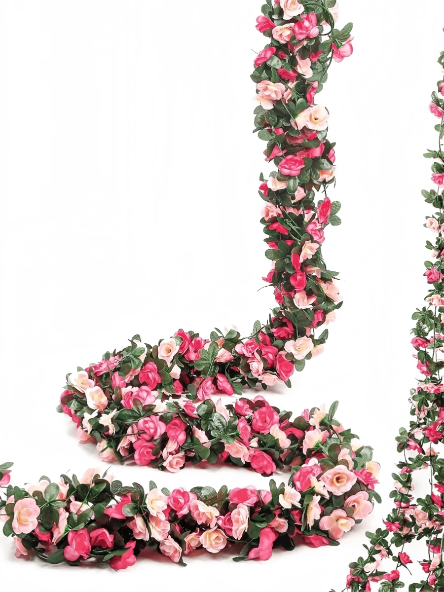 Nejlue Artificial Flowers/Plants1111 Home & Living 1/2/5pcs Pink Artificial Rose Vine With 45 Small Flowers, Artificial Rose Wreath For Spring Decor, Hanging Rose Garland For Home, Room, Wall, Wedding Arch, Bedroom, Tabletop, Birthday Party, Garden, Indoor Outdoor, Dining Table - Pink - View 1