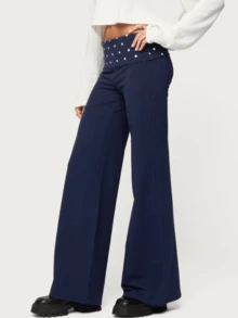 Lounge Wide Leg Sweatpants For Women Fold Over Low Waist Yoga Sweatpants Back To School Clothes Flare Leggings Bell Bottoms Y2K Foldover Pants - Màu xanh bụi bặm - Xem 1