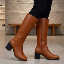 Women's High-Top Boot With Block Heel And Square Toe - Elegant - - Camel - View 1
