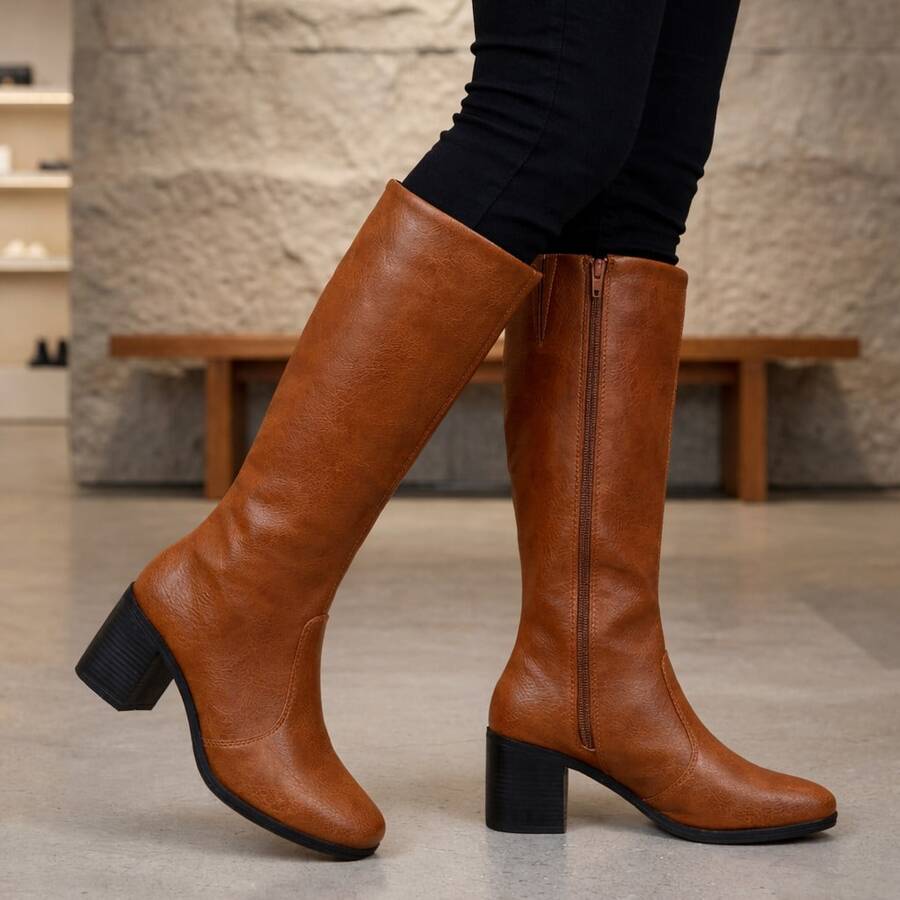 Women's High-Top Boot With Block Heel And Square Toe - Elegant - - Camel - View 1