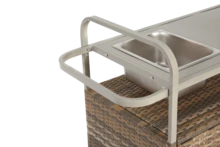 Outdoor Bar Table, Wicker Bar Cart With Cabinet, Patio Serving Cart With Steel Lid, With Ice Bucket, Locking Wheels, Side Basket For Garden, Pool And Backyard, Beige Color. - 米色 - 查看 9
