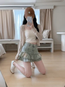 YEAE | Falda vaquera mini de verano casual con diseño de dobladillo de volante doble, dulce y picante - Azul - Ver 4