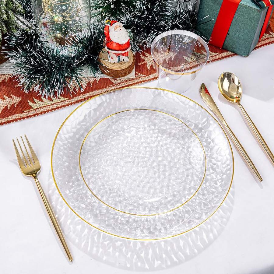20pcs Transparent Hammered Gold Rim Plates, Transparent Gold Rim, Transparent Bottom Decorated With Gold Rim, Elegant Dessert Plate, Pasta Plate, Pizza Plate, Cake Plate, Salad Plate, Size 7.5 Inch/10.25 Inch, Reusable And Easy To Clean, Suitable For Outdoor Use, Parties, Birthdays, Weddings And Holidays - Transparent - View 1