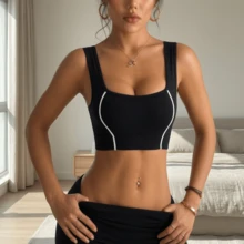 女款夏季瑜珈運動背心，方領運動內衣背心，黑白線條裝飾，透氣無縫設計 - 彩色 - 查看 6