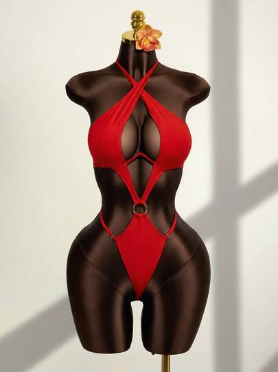 Mistrie 1pc Women's Solid Red Sexy One-Piece Swimsuit With Underwire, Suitable For Beach Vacation