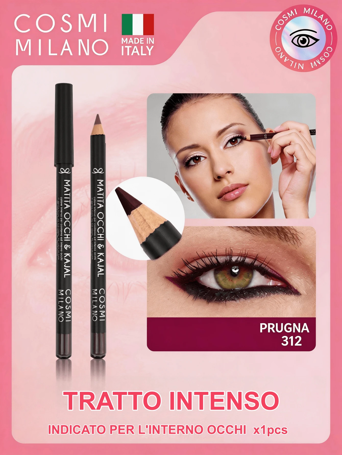 COSMI MILANO Multicolored Kajal Eye Pencil Made In Italy, Creamy Smooth Texture, High Pigmentation, Suitable For Y2k Contouring Natural And Dramatic Effect, Must-Have Essential Make Up Makeup Unmissable Summer Makeup, Perfect For Parties, Meetings, Beach Travel - PRUGNA 312 - 查看 1