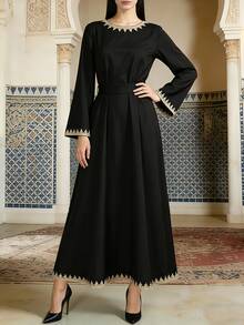 Middle Eastern Style Women Long Sleeve Flare Sleeve Round Neck Embroidered Lace Elegant Dress, Middle Eastern Party Dress, Evening Gown Black Fall - Black - View 1