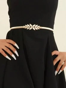 1 pièce Ceinture élastique à décor de feuille d'argent, accessoire élégant et polyvalent à associer avec des robes, jupes, vestes pour des occasions quotidiennes, décontractées ou habillées - Doré - Voir 4