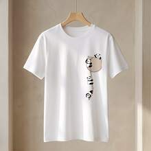Camiseta de manga corta con cuello redondo para mujer talla grande, con estampado de cuerda de escalada de panda de dibujos animados, de estilo japonés, fresca, linda y divertida. Suave y adorable, de moda para primavera y verano, adecuada para uso casual diario, ir al trabajo, la escuela, citas y salidas. Blanco - Blanco - Ver 8