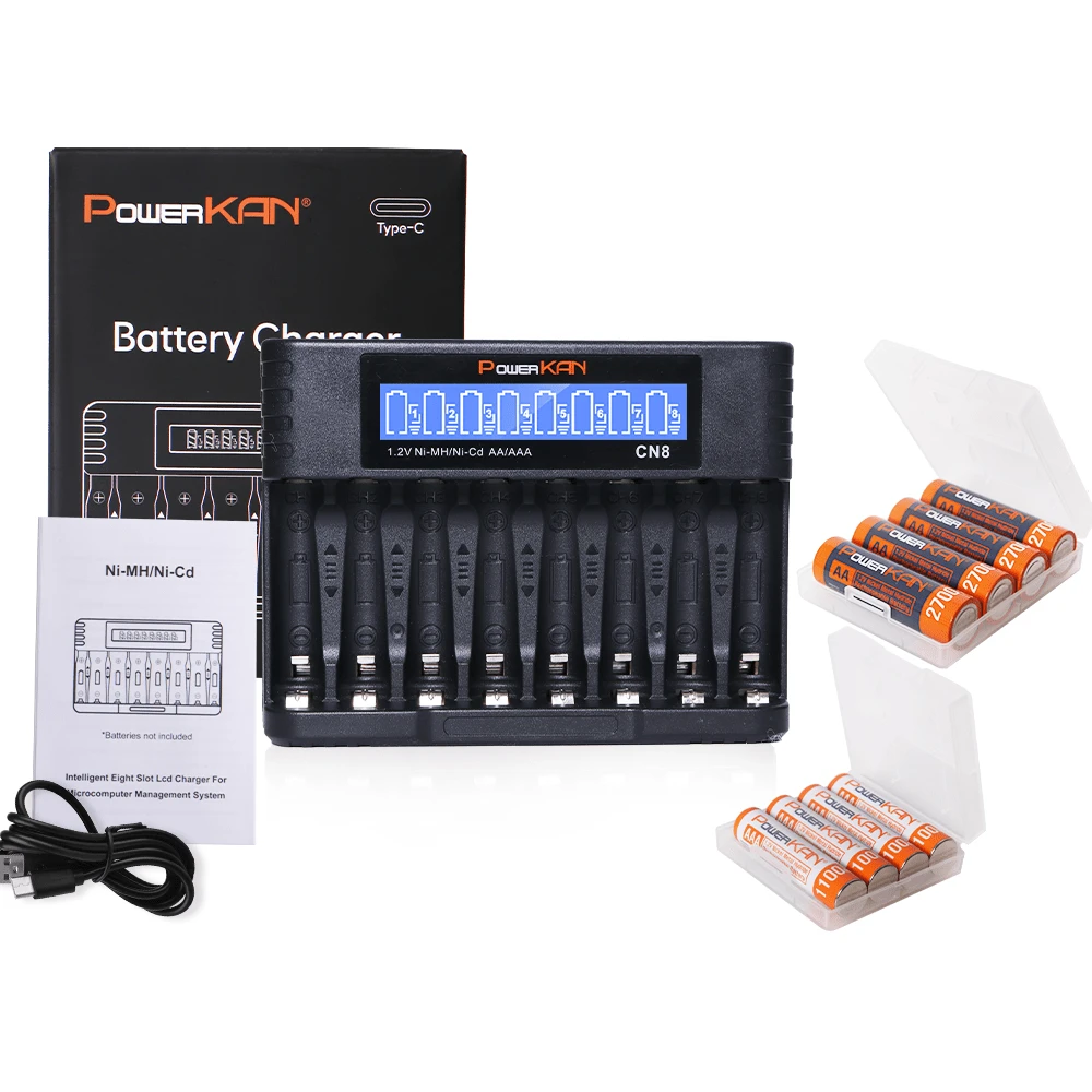 POWERKAN 8节装电池充电器套装：AA+AAA 1.2V镍氢充电电池，循环寿命1000次以上，高容量，持久耐用——从此告别一次性电池！适用于遥控器、玩具、无线鼠标和家用电子产品。 - 是 - 查看 1