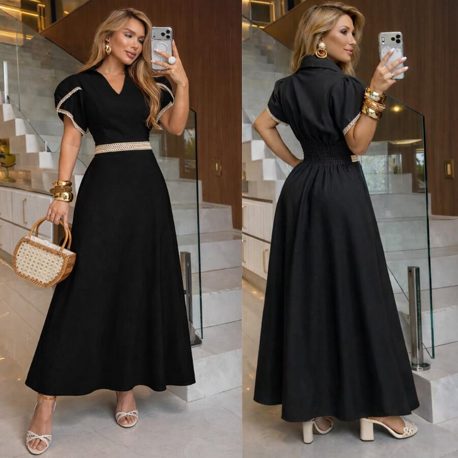 Elegant Women's Long Dress With Defined Waist, Evangelical Fashion For Weddings, Church Services, And Parties. - 黑色 - 查看 1