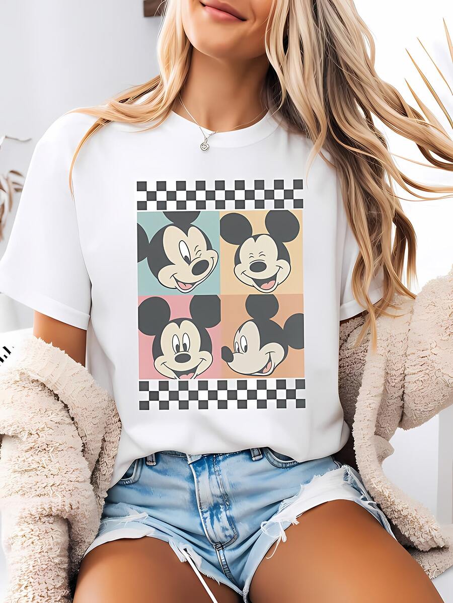 DisneyStyle Women's Printed T-Shirt Featuring A Vintage-Inspired Mickey Mouse Four-Panel Black-And-White Checkered Cartoon Print. This Round-Neck Summer Top Is Crafted From Soft, Comfortable 100% Cotton Fabric, Perfect For Everyday Wear, Outdoor Activities, Or Shopping. It Also Makes An Ideal Choice For Women's Vacation Wear. - trắng - Xem 1