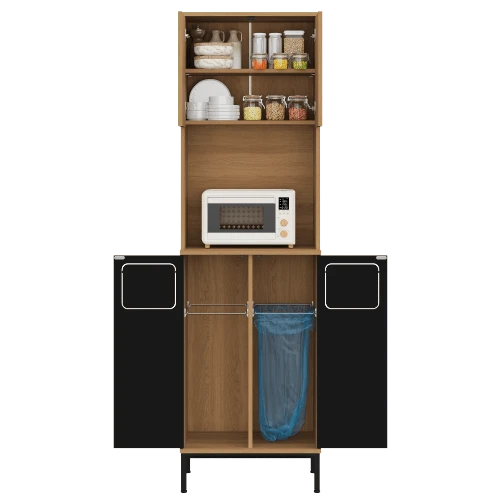 Trash Cabinet, Küchenschrank Mit Müllablage, 181cm Hoher Hochschrank In Eiche-Optik & Schwarz, Mikrowellenfach, Stauraum Für Staubsauger, 53x35x181cm