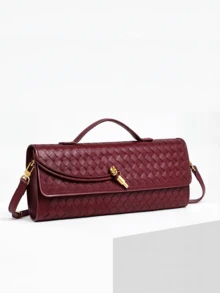 Woven Purse For Women Evening Clutch Woven Leather Handbags Crossbody Bag Purse Formal Evening Bag, Vegan Leather - 酒紅色 - 查看 3