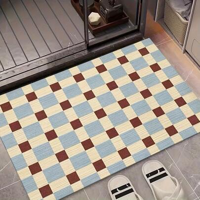Alfombra de parche a cuadros azul, blanco y marrón, estilo minimalista Ins, hecha de diatomita, alfombra de baño, alfombra de baño, felpudo, alfombra pequeña, alfombra, alfombra de piso, decoración del hogar, alfombra de área, alfombra de exterior, alfombra de dormitorio, alfombra lavable