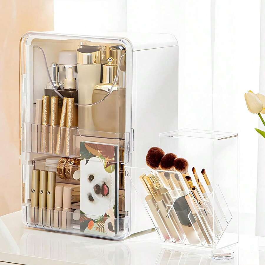 1pc Transparent Makeup Organizer, Large Capacity Lipstick Holder, Makeup Brush Storage, Dust-Proof Desktop Cosmetic Storage Box - Lipstick Box - View 1