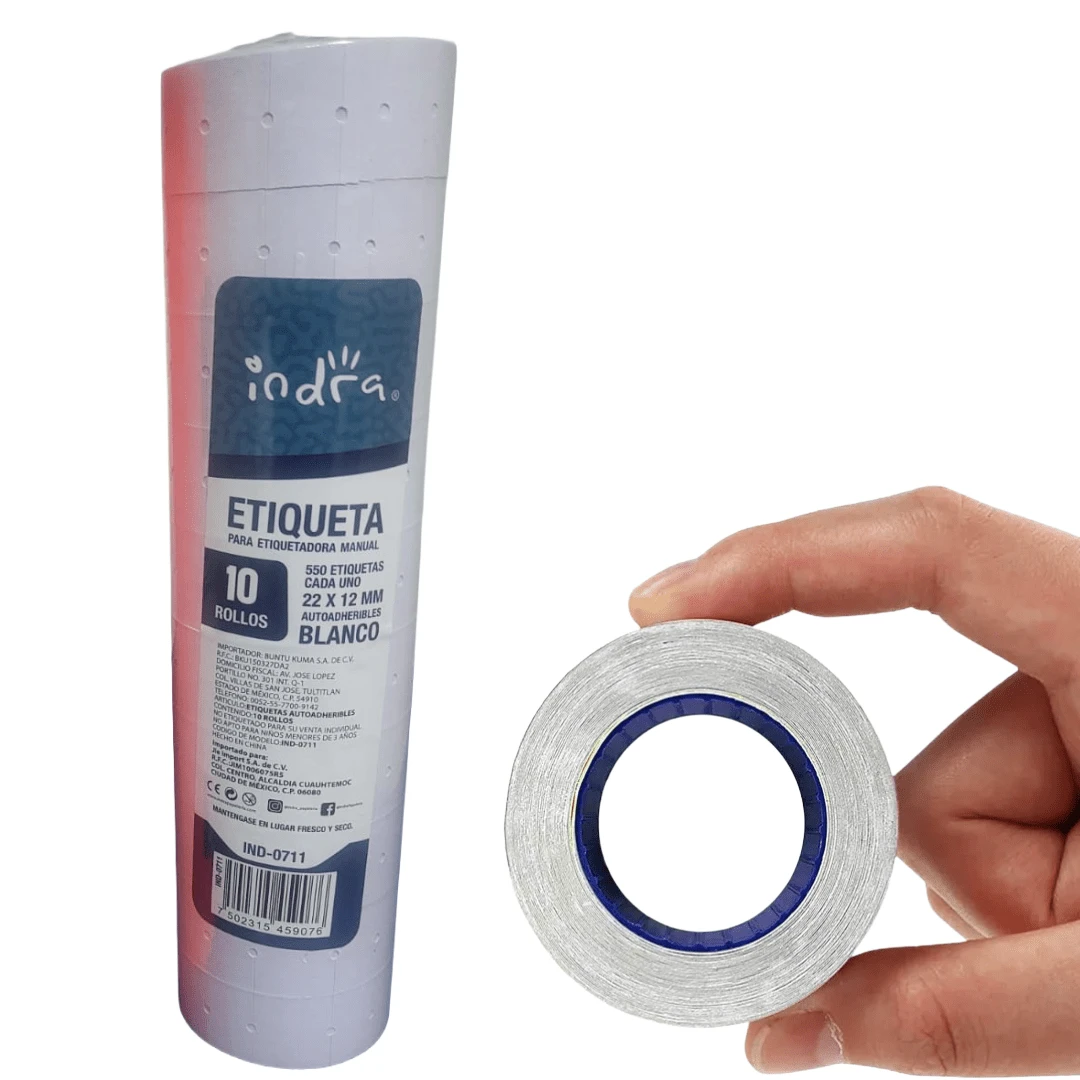 ROLL OF LABELS FOR MANUAL PRICE LABELER, TUBE WITH 10 ROLLS, 550 LABELS EACH, NEON YELLOW COLOR, INDRA - WHITE LABEL - View 1