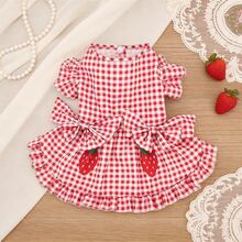 1 chiếc váy cho chó cưng, váy kẻ caro đỏ trắng in hình dâu tây, trang phục nhẹ nhàng cho mùa xuân/hè, phù hợp cho chó và mèo nhỏ/trung bình, thích hợp mặc hàng ngày hoặc ngoài trời. - Đỏ - Xem 1