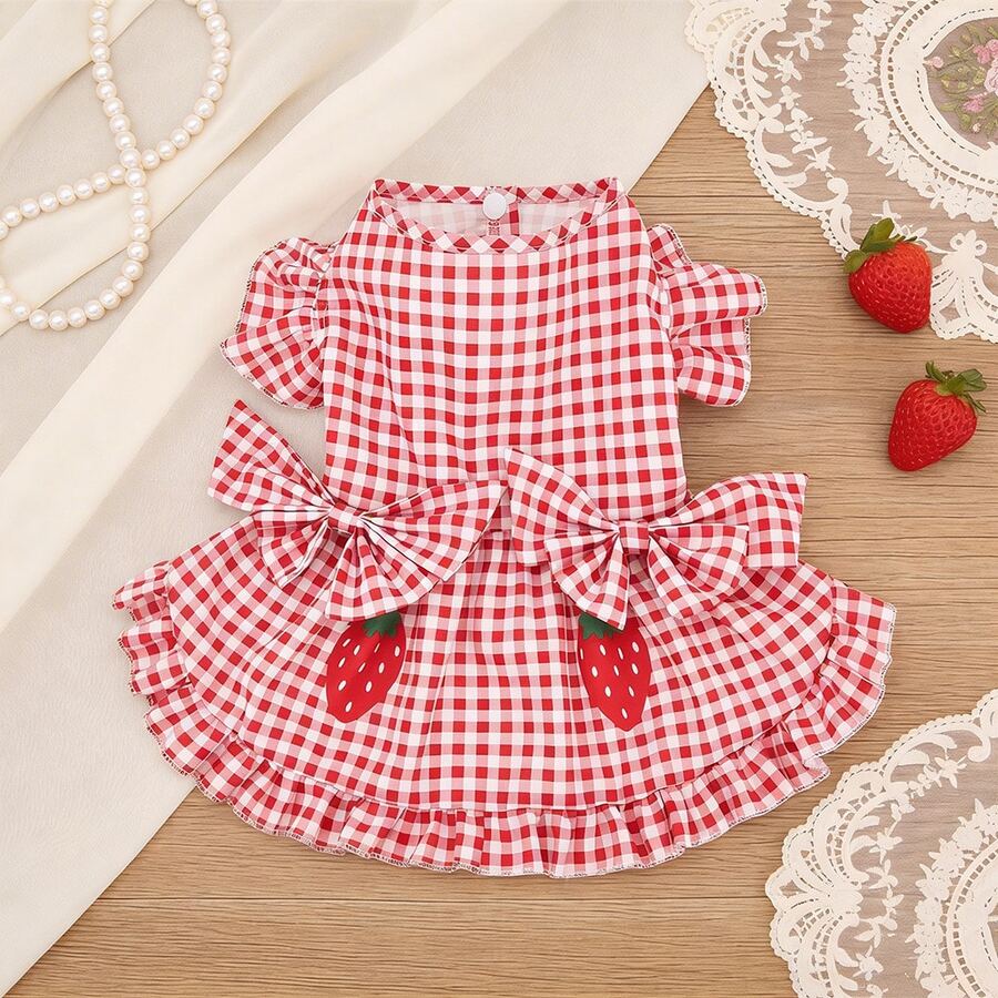 1 chiếc váy cho chó cưng, váy kẻ caro đỏ trắng in hình dâu tây, trang phục nhẹ nhàng cho mùa xuân/hè, phù hợp cho chó và mèo nhỏ/trung bình, thích hợp mặc hàng ngày hoặc ngoài trời. - Đỏ - Xem 1