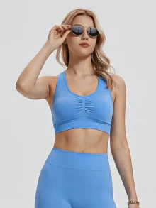 ZULIZ Ribbad U-ringad sport-bh med racerback-utskärning och kort passform - Blå - Visa 1