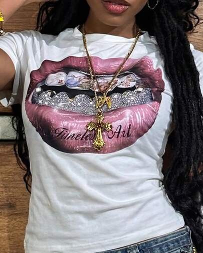 Women's Y2K Aesthetic Slim Fit Crop Top T-Shirt, Timeless Art Grills Lips Print Short Sleeve Tee, 90s Retro Streetwear Slim Fit Exposed Waist Graphic Top, E-Girl Aesthetic Clothing, Trendy Y2K Core Outfit, Summer Going Out Tops, Perfect for Daily Wear, Back to School, Date, Music Festival, Rave, Party, Street Style, Club, Hot Girl Summer Essential, Plus Size Friendly Casual Tee, Women's Fashion Apparel