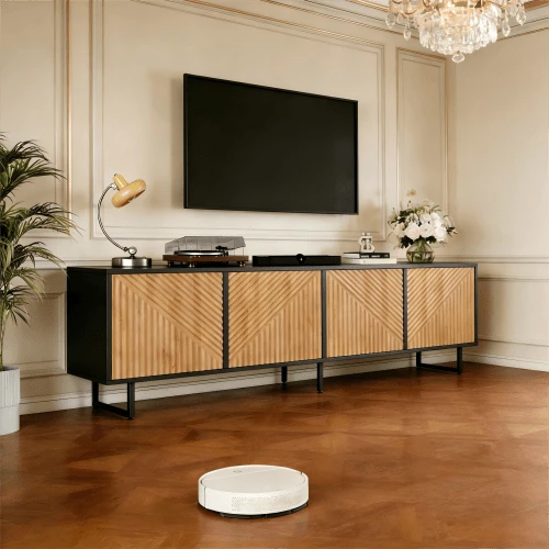 180 X 40 X 50 Cm Living Room TV Cabinet With 4 Doors, Vacuum-Formed Cabinet Design For 80" TV, Raw Wood Color + Black