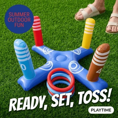 1 Set de Juego de Aros Inflables, Material de PVC, Combo de Columna Inflable + Aros, Aros Multicolor Ligeros y Suaves, Adecuado para Interacción Padre-Hijo, Reunión Familiar, Césped al Aire Libre, Playa, Piscina, Picnic, Camping, Fiesta de Cumpleaños, Celebración de Festival, Fácil de Inflar/Desinflar, Reutilizable, Ahorro de Espacio