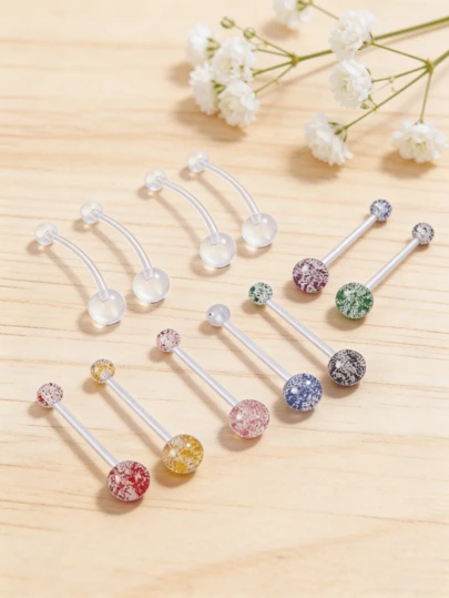 8pcs/Set 14G 6mm/10mm/12mm/14mm16mm/18mm/25mm/32mm/35mm/38mm Pregnancy Belly Button Rings Navel Ring Flexible Bioplast Long Bar Cherry Cute Little Feet Belly Rings For Maternity Navel Piercing Retainer