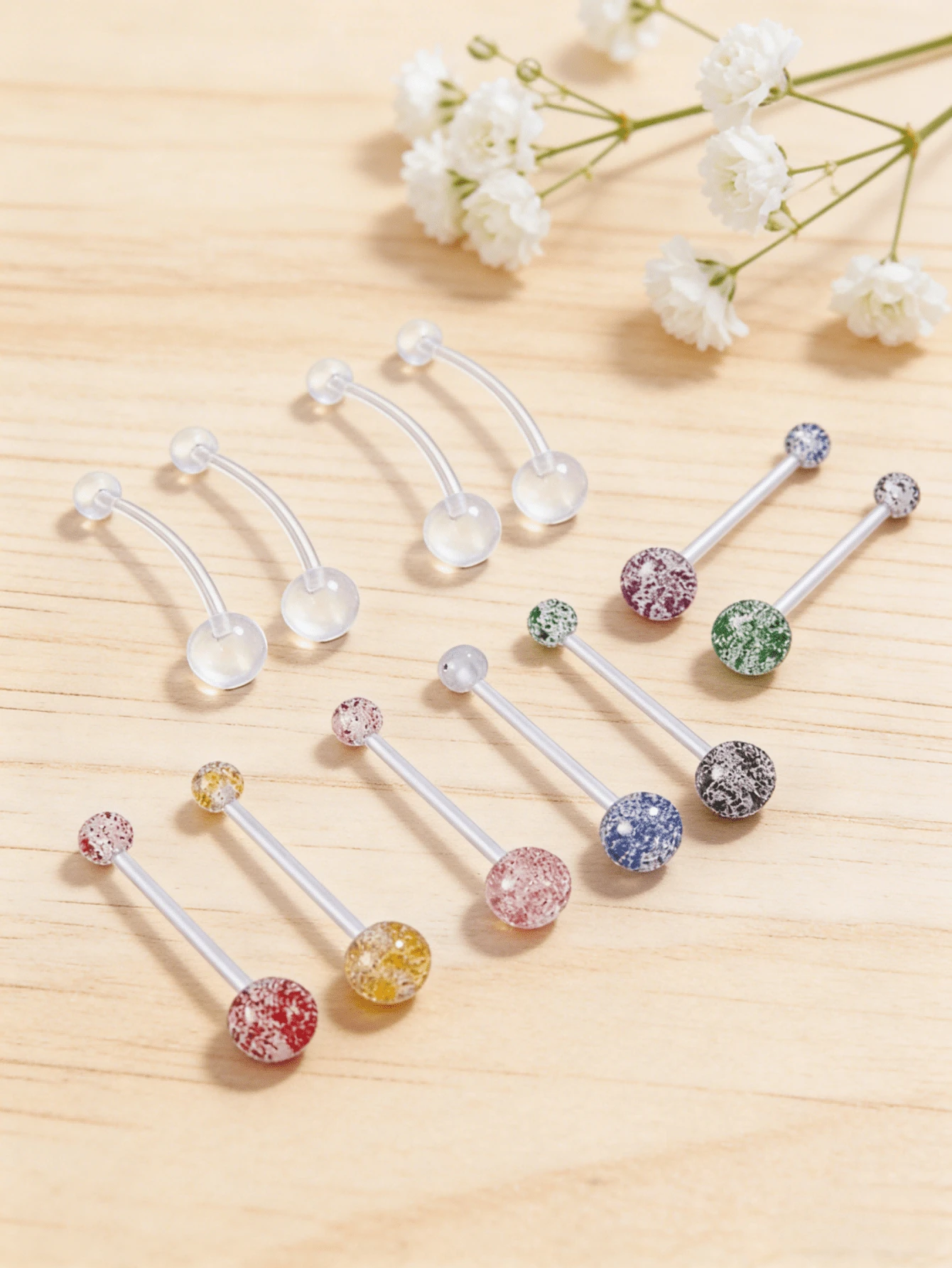 8件/套 14G 6mm/10mm/12mm/14mm/16mm/18mm/25mm/32mm/35mm/38mm 孕妇肚脐环 肚脐环 弹性生物塑料长杆 樱桃可爱小脚丫肚脐环 孕妇肚脐穿孔固定环 - 彩色 - 查看 1