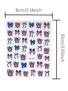1pc Independence Day Stylish Cat Bow Nail Sticker, American Flag Element Cartoon Design, One-Time Self-Adhesive 3D Embossed Nail Art Decal, Suitable For Theme Party, Rich Patterns And Durable - Multicolor - View 2