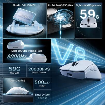 ATTACK SHARK V8 59g Ultra-Light Wireless Gaming Mouse, Nordic 54L15 & PAW3950MAX, 42000 DPI, Dual 8K Report Rate Wired/Wireless, 3-Mode Bluetooth/2.4G/Wired, 500mAh Battery, Optical Micro-Switch, Compatible With PC