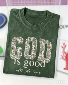 Women's God Is Good Floral Graphic T-Shirt, Retro Christian Faith Tee, Casual Crewneck Short Sleeve, Vintage Washed Cotton Top - 軍綠色 - 查看 6