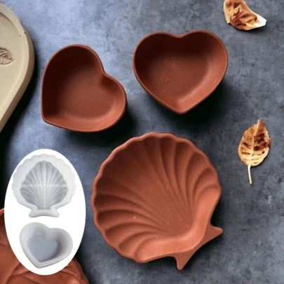 2件套心形和贝壳形硅胶模具，DIY树脂首饰托盘、杯垫、装饰碟