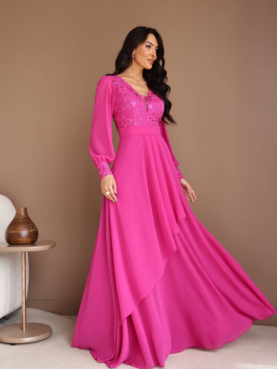 Cibele Fuchsia Long Party Dress With Embroidered Bodice And Sophisticated Long Sleeves - Perfect For Romantic Bridesmaids, Modern And Stylish Mothers Of The Bride/Groom, Graduates, Or Guests. - Màu Hoa hồng đỏ - Xem 1