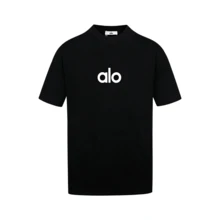 Alo Yoga Classic Black Short-Sleeve T-Shirt, American Heavyweight Pure Cotton Loose Fit, Unisex, Couple Style Casual Sports Top - 查看 8