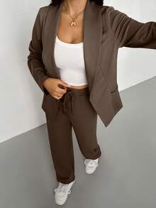 2pcs Women Thin Lapel Blazer Jacket And Elastic Waist Pants Set Spring - Coffee Brown - View 7