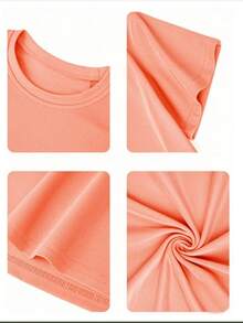 Tween Girl Floral Print Round Neck T-Shirt, Summer Top - Coral Orange - View 6