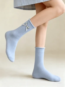 1/4 双甜美淡蓝色蝴蝶结荷叶边中筒袜，春夏百搭 - 彩色 - 查看 7