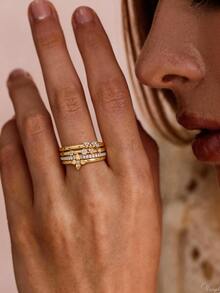 1 chiếc nhẫn Zirconia sang trọng đính kim cương, nhẫn vàng, nhẫn hoa nhiều lớp, quà tặng tinh tế cho nữ dự tiệc ngày lễ. - Vàng - Xem 2