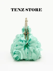 3D Mint Green Rose Flower Evening Bag, Fashion Chiffon Petal Handbag With Detachable Chain Strap, Fits Phone And Essentials, Suitable For Wedding, Date, Prom, Holiday, Girls' Night Out, Graduation Party, Spring Gala, Cocktail Party - Mint Green - View 3
