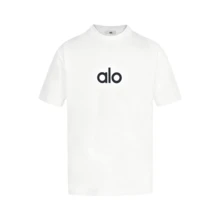 Alo Yoga Classic White Short-Sleeve T-Shirt, American Heavyweight Pure Cotton Loose Fit, Unisex, Couple Style Casual Sports Top - View 10