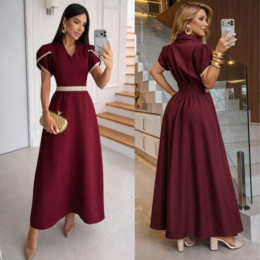Elegant Women's Long Dress With Defined Waist, Evangelical Fashion For Weddings, Church Services, And Parties. - Màu Đỏ Sâu - Xem 1