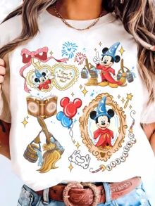 DisneyFashion Prints, Summer T-Shirts, Disney World Patchwork Prints, Suitable For Daily Wear, Easy To Wear In Summer, Micro-Elastic, Soft Round Neck Casual Daily Tops, Including Disney Fashion Prints, Round Neck Summer Sweatshirts, For Both Men And Women, Holiday Gifts. - trắng - Xem 1