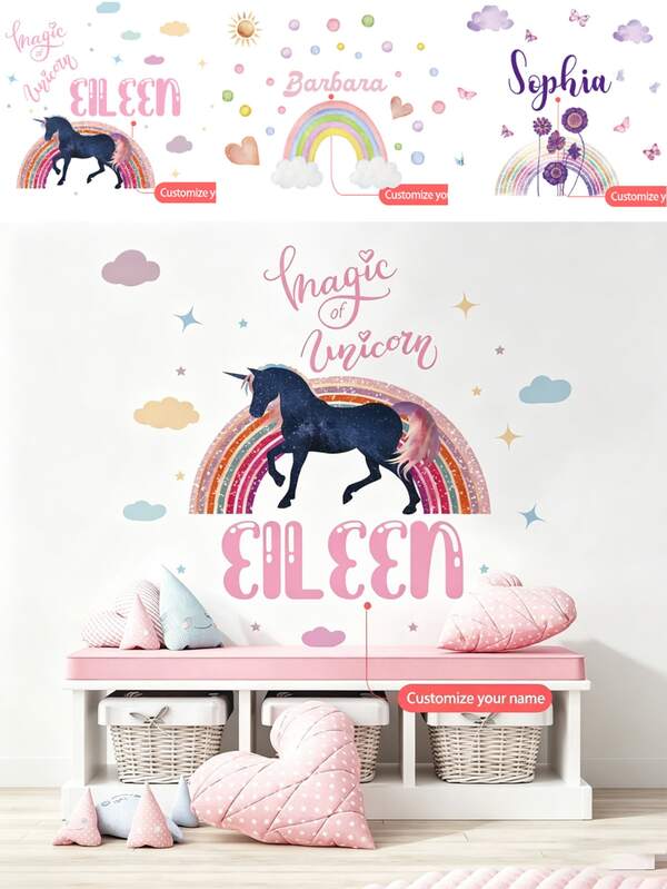 1 pièce Stickers muraux personnalisés avec licorne et arc-en-ciel, papier peint autocollant, papier peint à coller, décoration de chambre de bébé, décoration de chambre de fille, décoration de chambre rose, décoration de chambre mignonne, décoration de chambre de fille, décoration de chambre de bébé fille, articles pour fille, chambre de fille, accessoires de chambre de fille