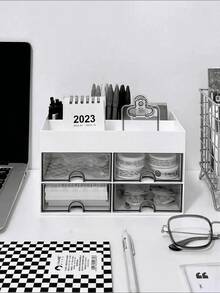 1pc With 4 Drawers Cosmetic Storage Box Skin Care Assistant Multi-Purpose Storage Basket White Cosmetic Organizer Bathroom Shelf Pencil Cup Pot Home Decoration Suitable For Cosmetics Stationery Lipstick Nail Polish Ruler Perfume Watch Hairpin Office Study Dormitory Accessories - White 4-drawer - View 6