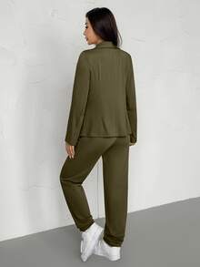 2pcs Women Thin Lapel Blazer Jacket And Elastic Waist Pants Set Spring - Army Green - View 8